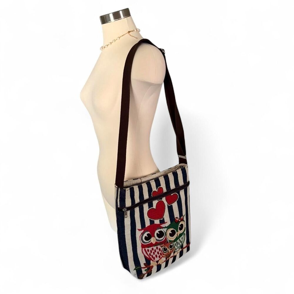 Owl Striped Canvas Crossbody Bag Blue White Whimsy Kawaii Heart Hearts Purse - Picture 6 of 8